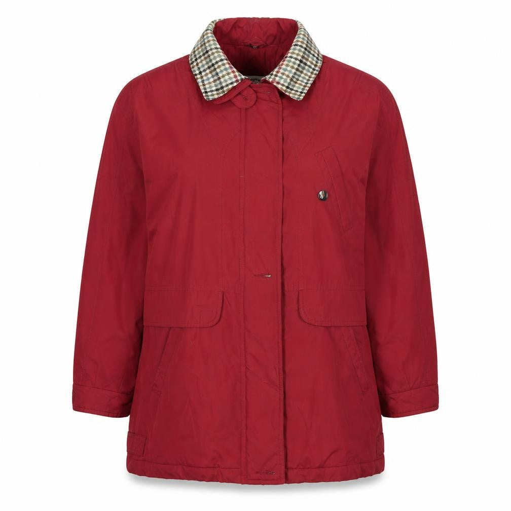 Front view of NuAge women’s red rain coat coat, size UK 16
