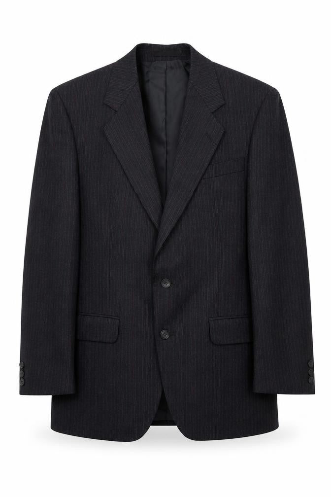 Front view of The Label men’s grey striped jacket suit jacket, size S