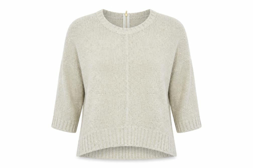 Front view of Warehouse women’s gold jumper, size UK 14, - sequin