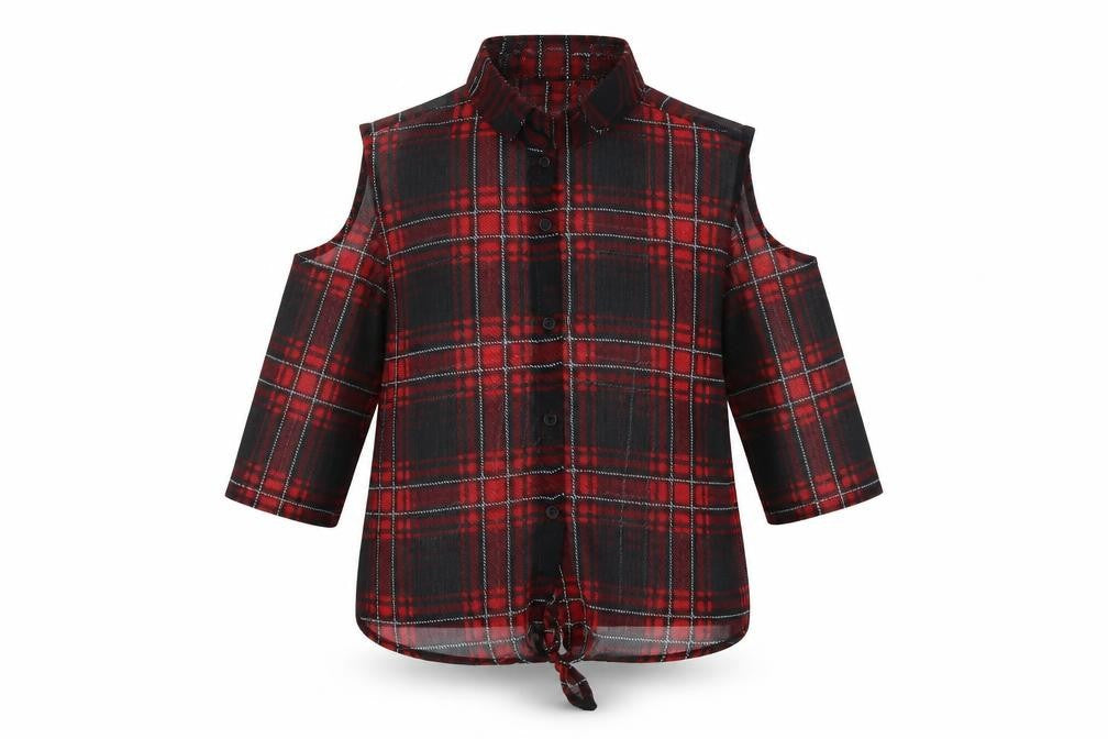 Front view of Miss Evie girls’ black check basic button-up, size 9, years
