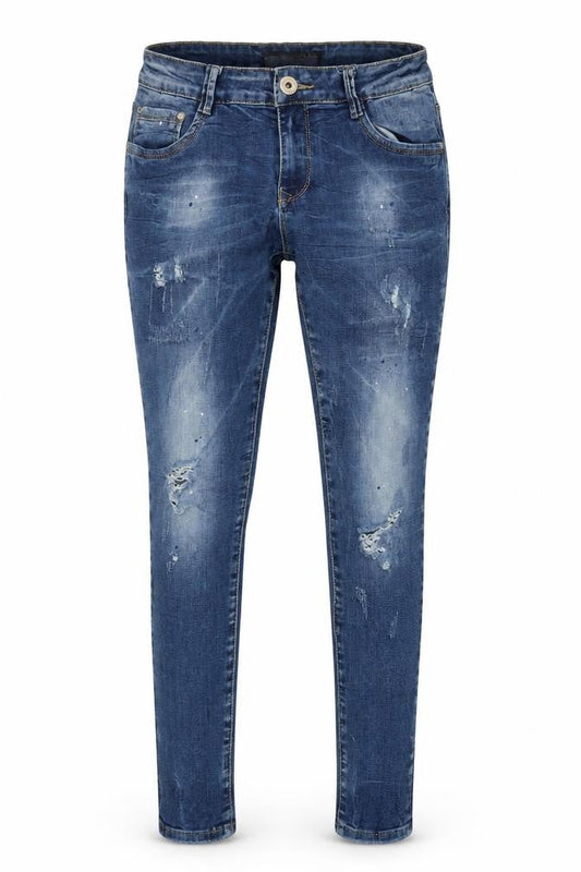 Front view of Kiss Pink women’s blue denim straight jeans, size UK 6, 27.5-inch leg