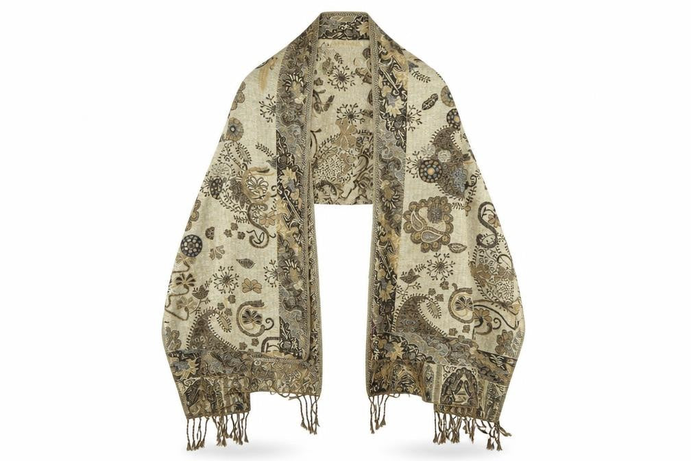 Front view of Preworn women’s gold floral shawl/wrap