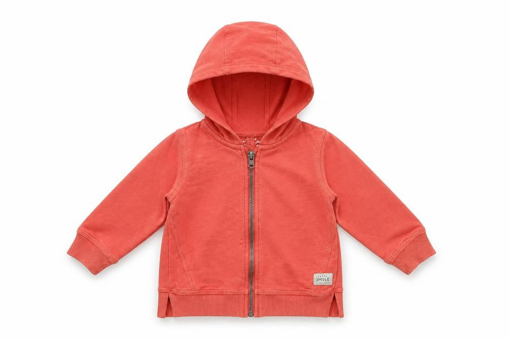 Front view of Preworn boys’ red full zip jumper, size 9-12, months