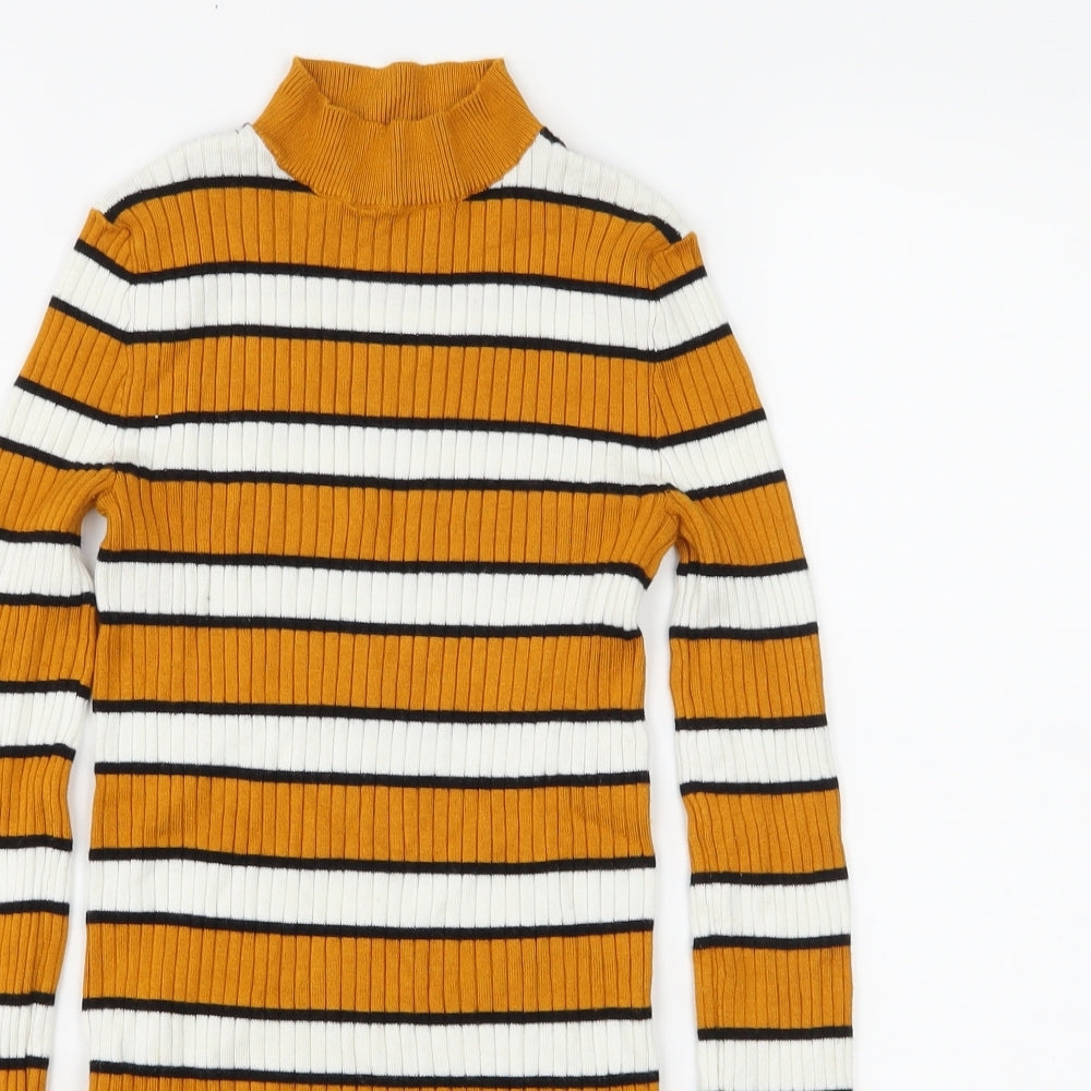 Bershka Womens Orange Striped Jersey Basic T-Shirt Size XS