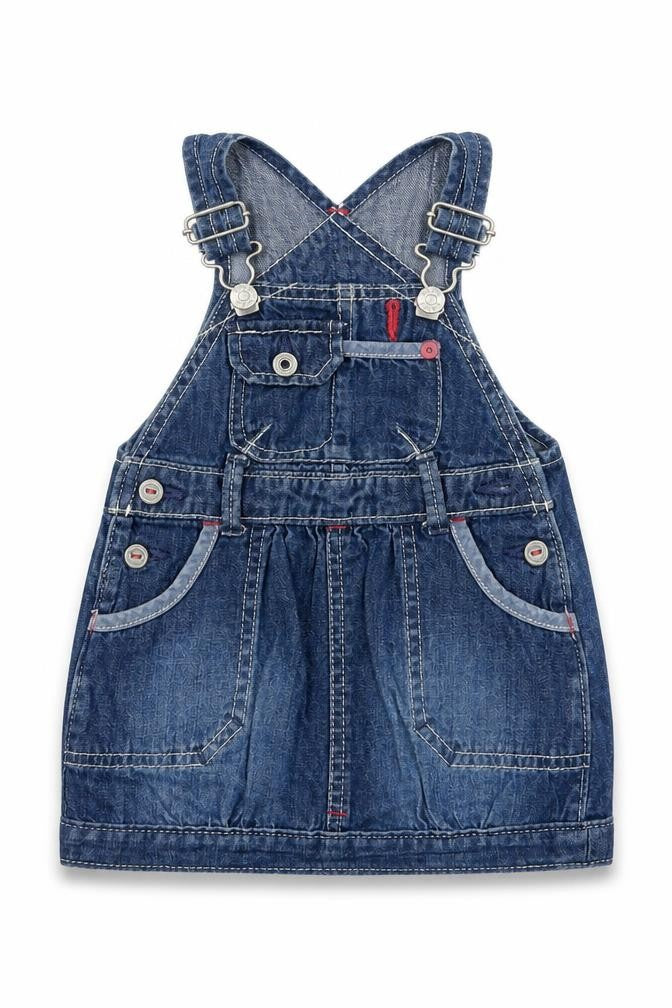 Front view of Gap girls’ blue denim pinafore/dungaree dress, size 3-6, months