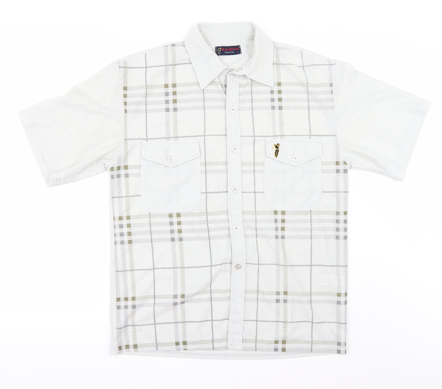 KAIDITE Mens Beige Check   Button-Up Size L