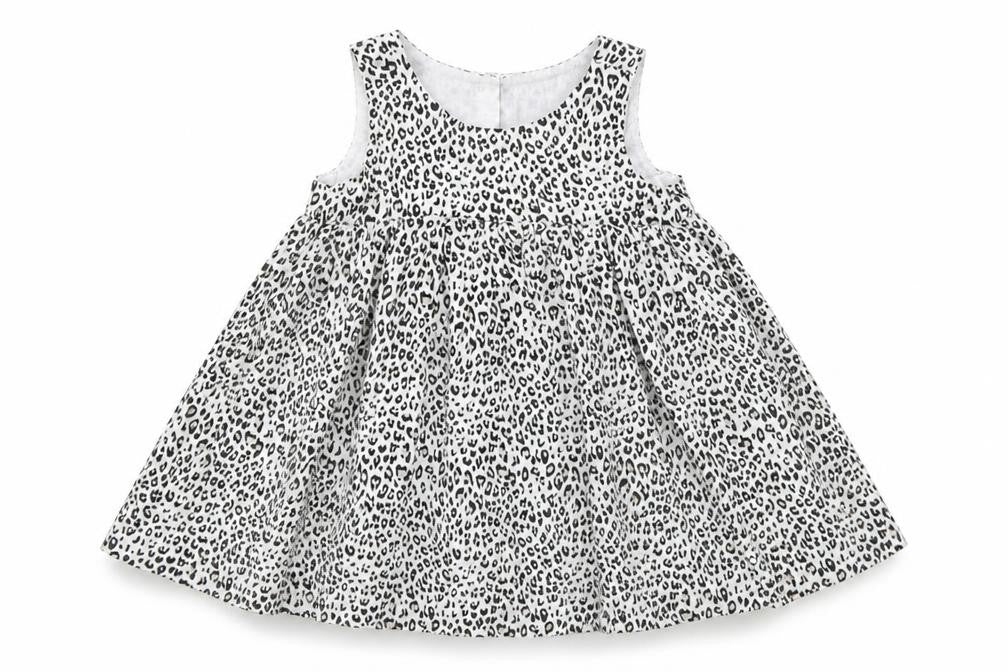 Front view of Gap girls’ beige animal print skater dress, size 3-6, months - leopard print