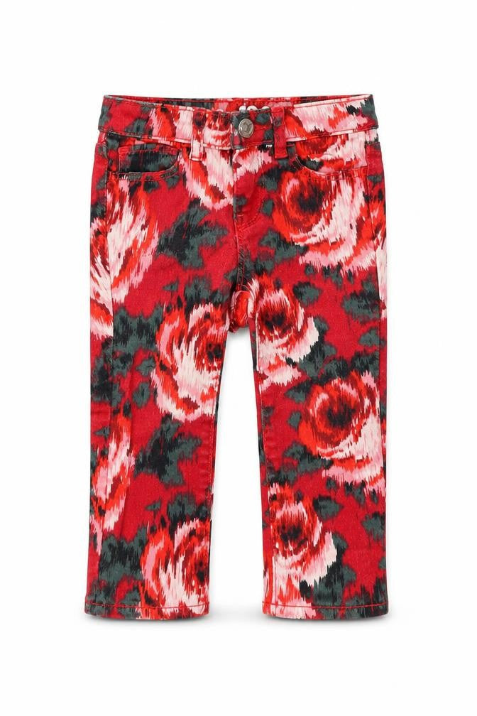 Front view of GA girls’ red floral denim capri jeans, size 18-24, months