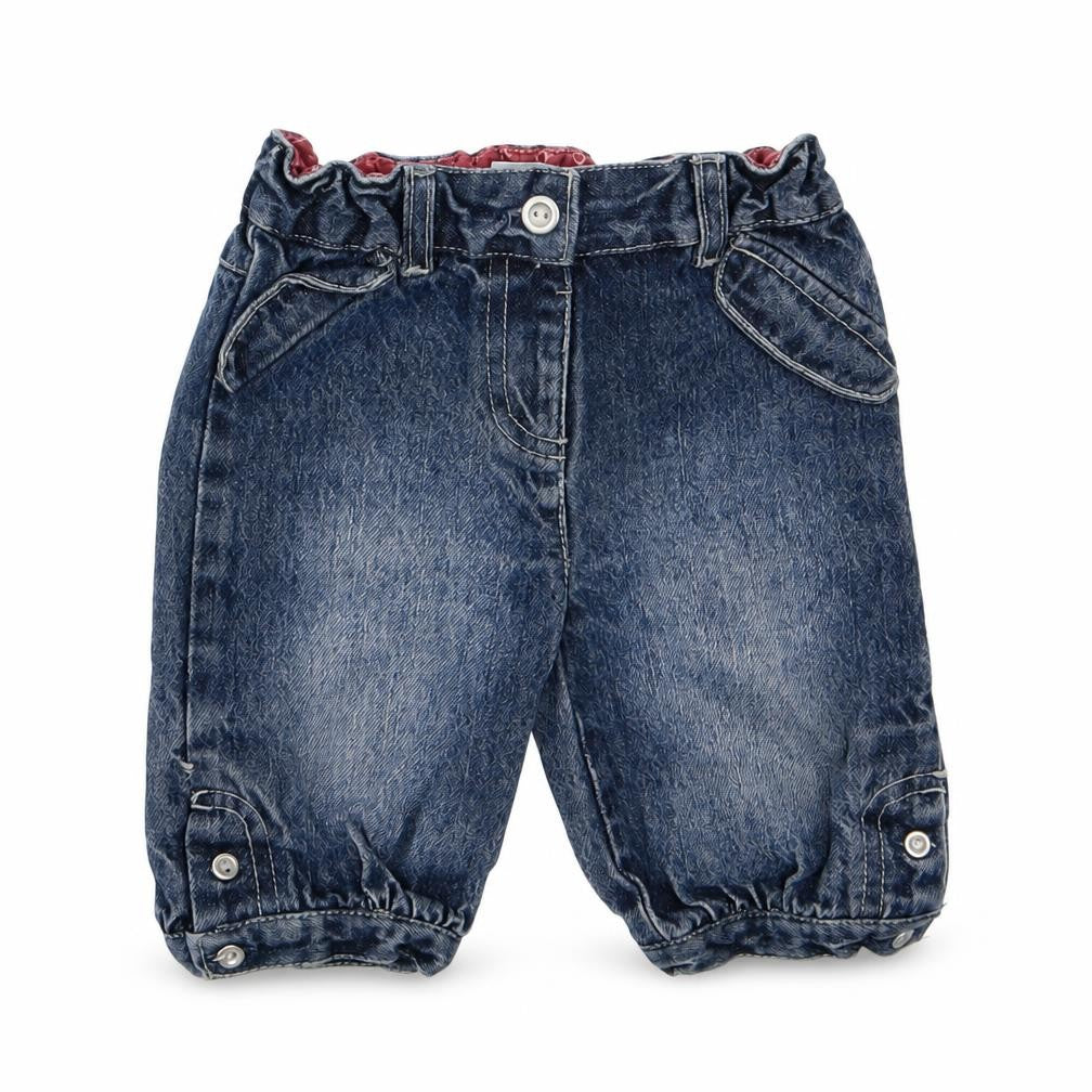 Front view of Kimbaloo girls’ blue denim cropped jeans, size 12, months
