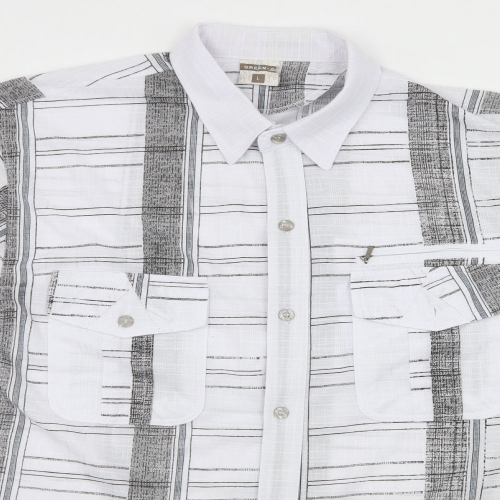 Green-G Mens White Striped   Button-Up Size L