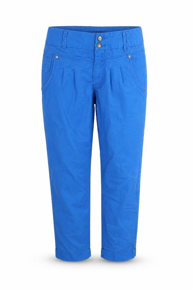 Front view of only designer women’s blue trousers, size M, 32-inch leg