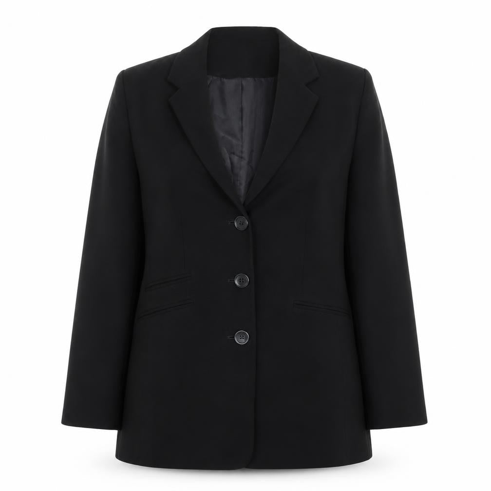 Front view of Preworn women’s black jacket blazer, size UK 12