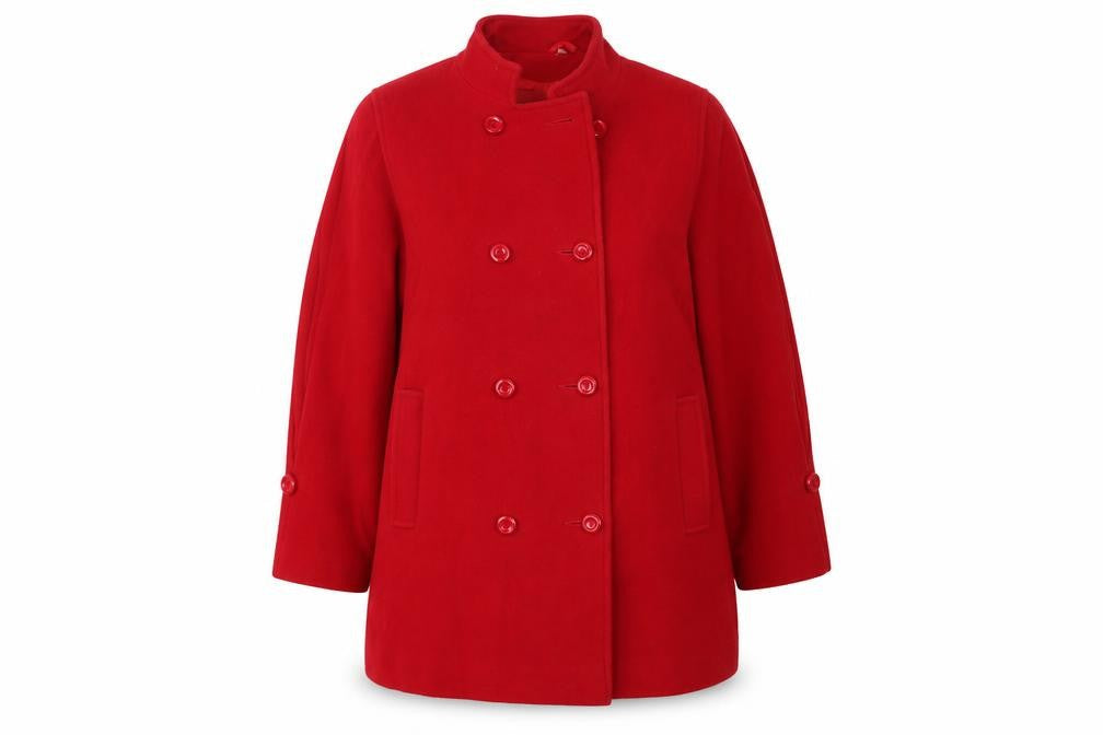 Front view of Preworn women’s red overcoat coat, size UK 14