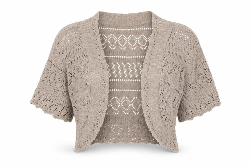 Front view of Whisper women’s brown knit shrug jumper, size M