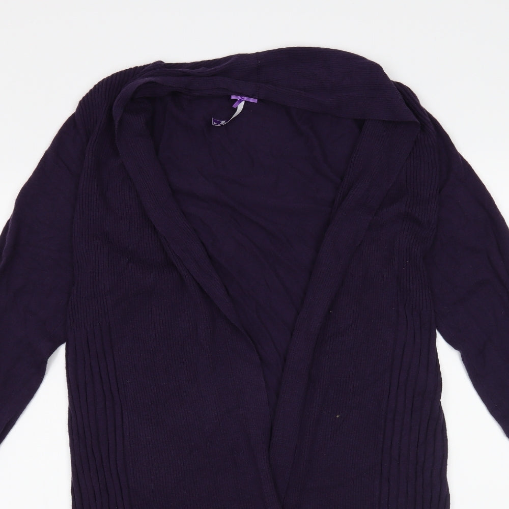 Close-up detail of BHS women’s purple cardigan jumper, size UK 14