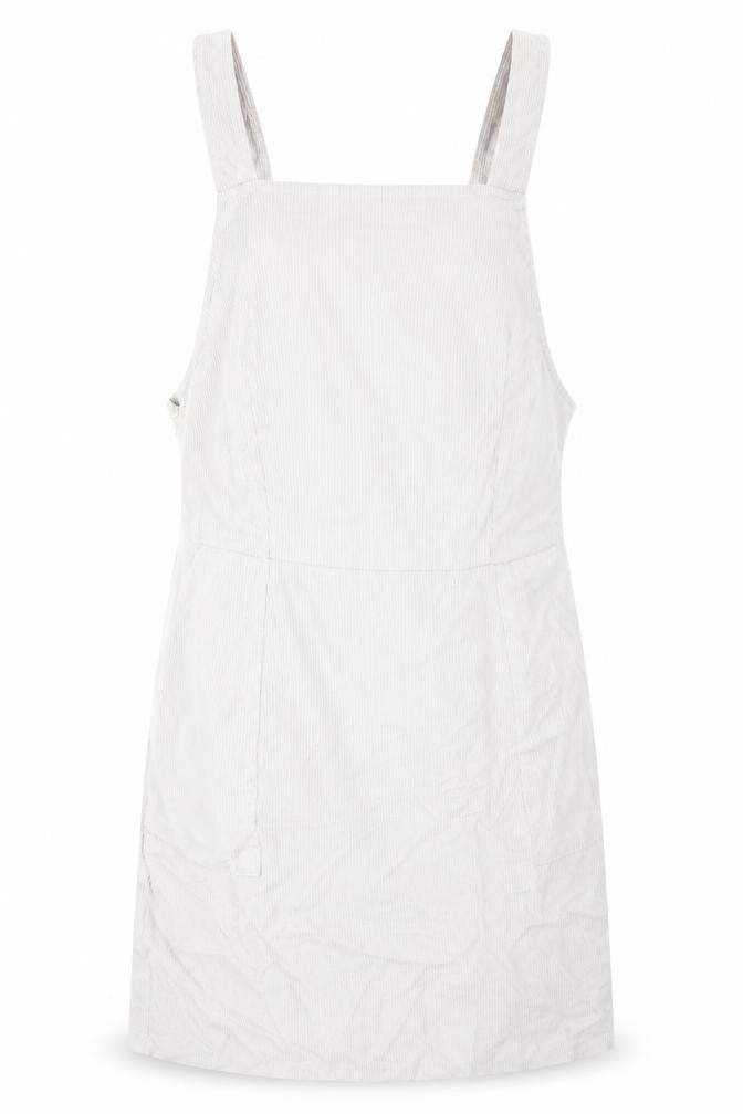 Front view of Boohoo women’s white dungaree one-piece, size UK 10