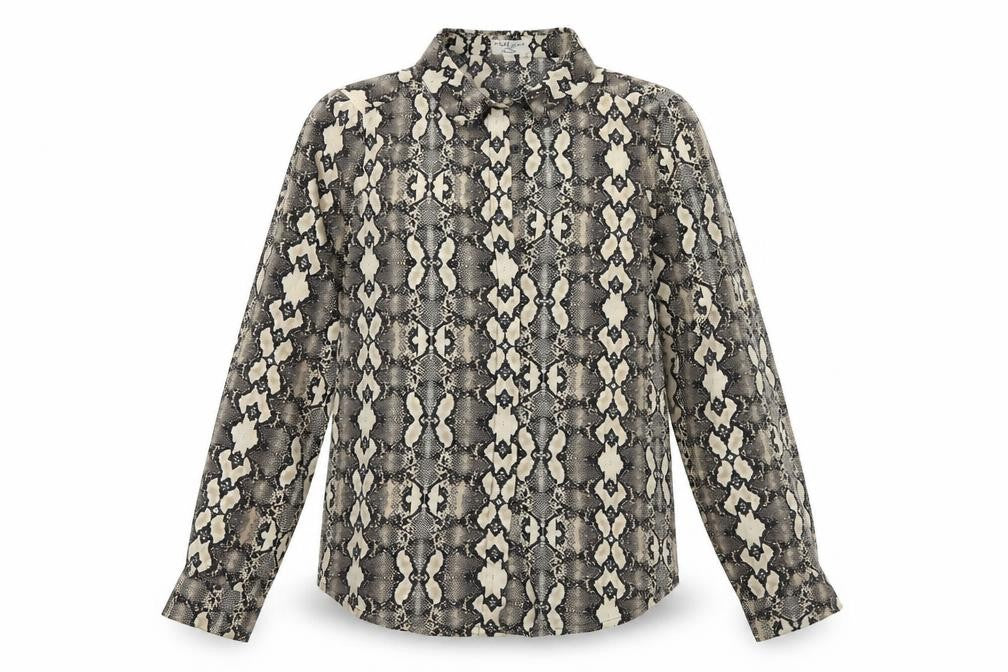 Front view of Brave Soul women’s brown animal print satin basic blouse, size UK 8