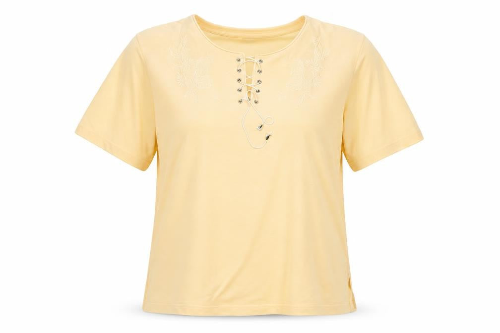 Front view of royal fashion women’s yellow basic t-shirt, size M