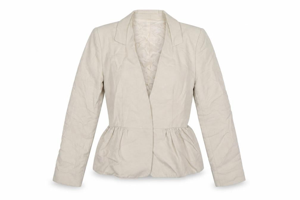 Front view of Mango women’s beige striped jacket suit jacket, size XS