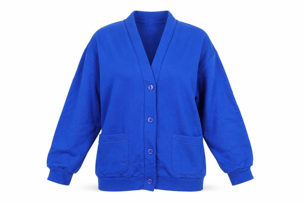 Front view of Preworn women’s blue cardigan jumper, size M