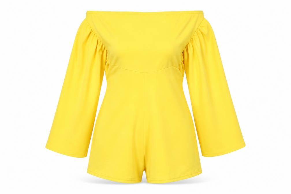 Front view of PRETTYLITTLETHING women’s yellow playsuit one-piece, size UK 6