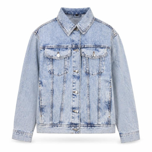 Front view of Divided by H&M women’s blue denim jacket coat, size XS