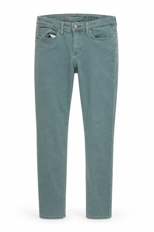 Front view of Gap women’s green denim skinny jeans, size UK 8, 30-inch leg