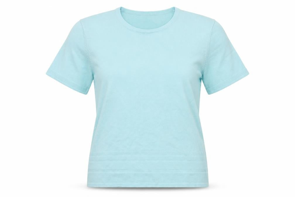 Front view of Preworn women’s blue knit basic t-shirt, size UK 14