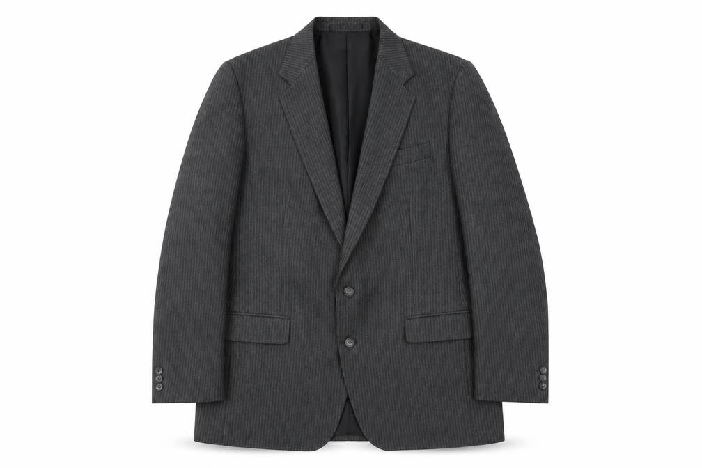 Front view of Hodges men’s grey striped jacket suit jacket, size L