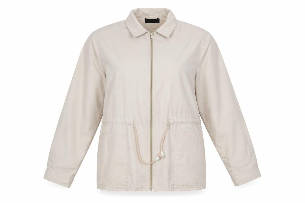 Front view of Preworn women’s beige jacket coat, size UK 12