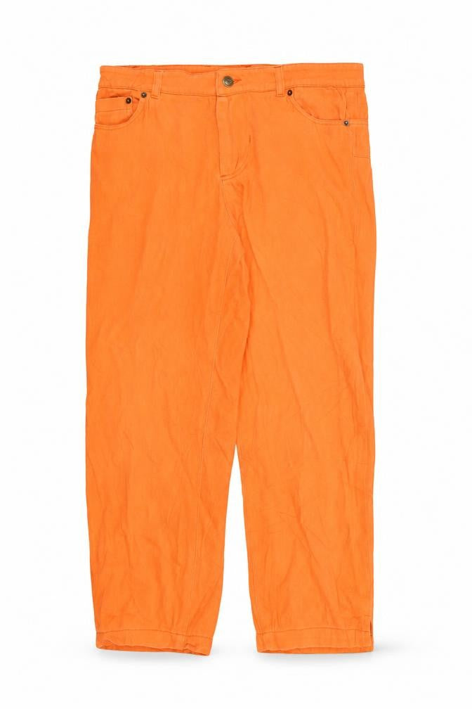 Front view of women’s orange straight jeans, size UK 8, 23-inch leg