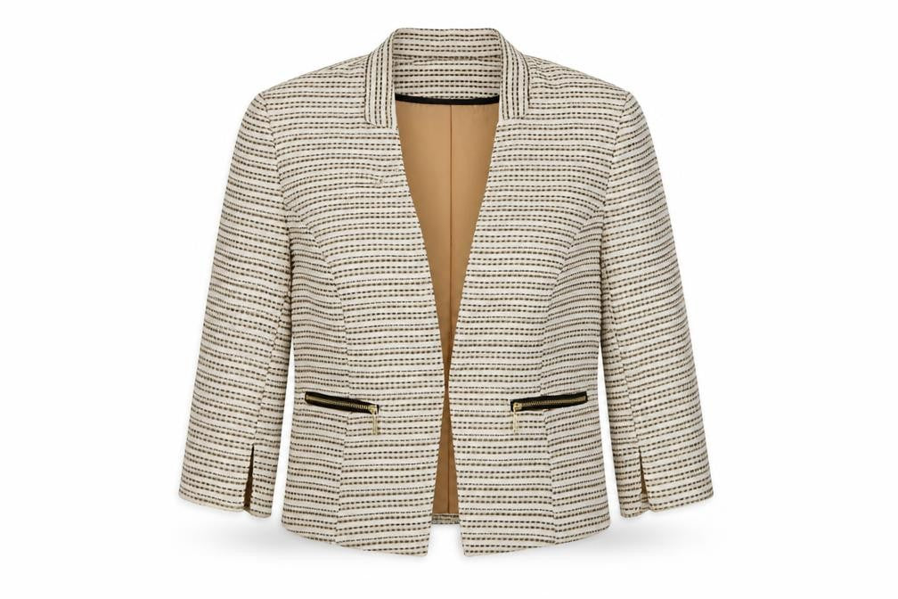 Front view of H&M women’s beige jacket blazer, size UK 12