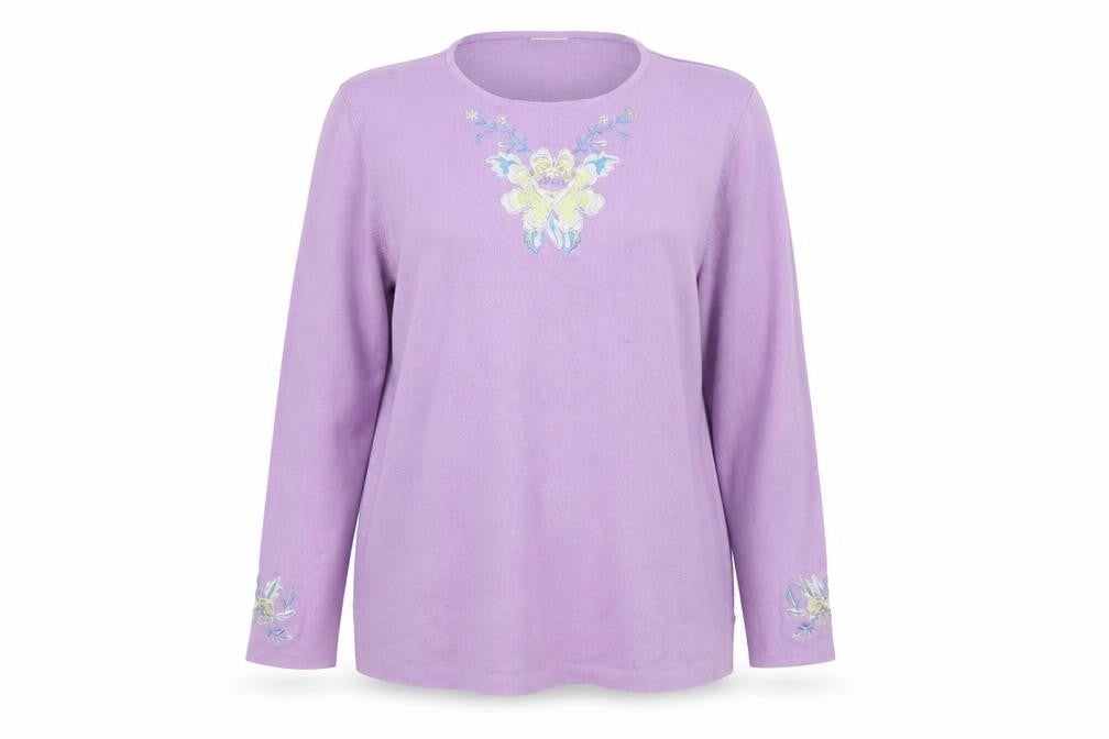 Front view of Classics women’s purple floral knit jumper, size UK 20