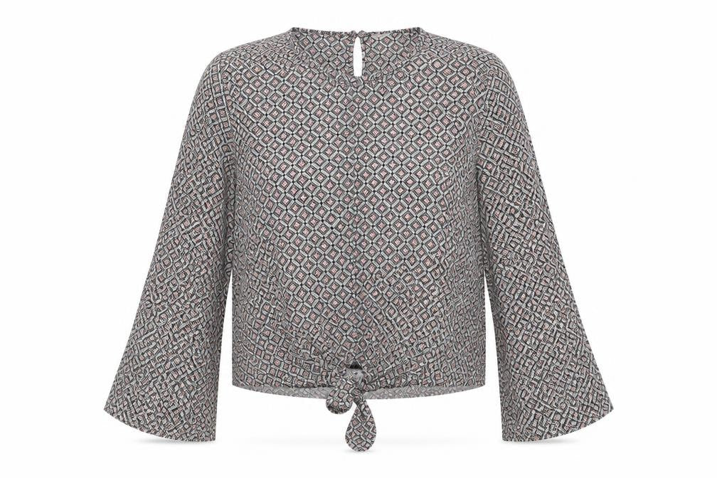 Front view of Preworn women’s black geometric tunic blouse, size UK 12