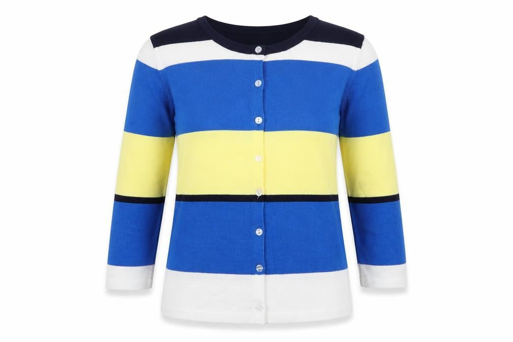 Front view of Text women’s multicoloured striped cape jumper, size S