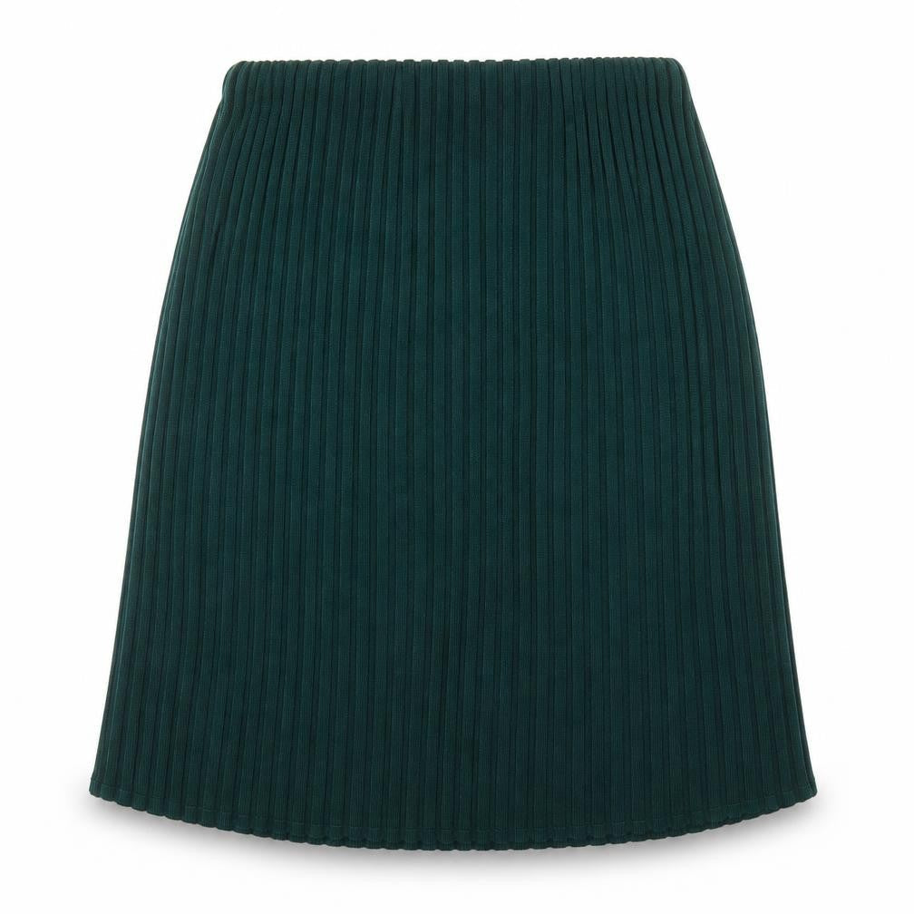 Front view of Preworn women’s green pleated skirt, size UK 36, in