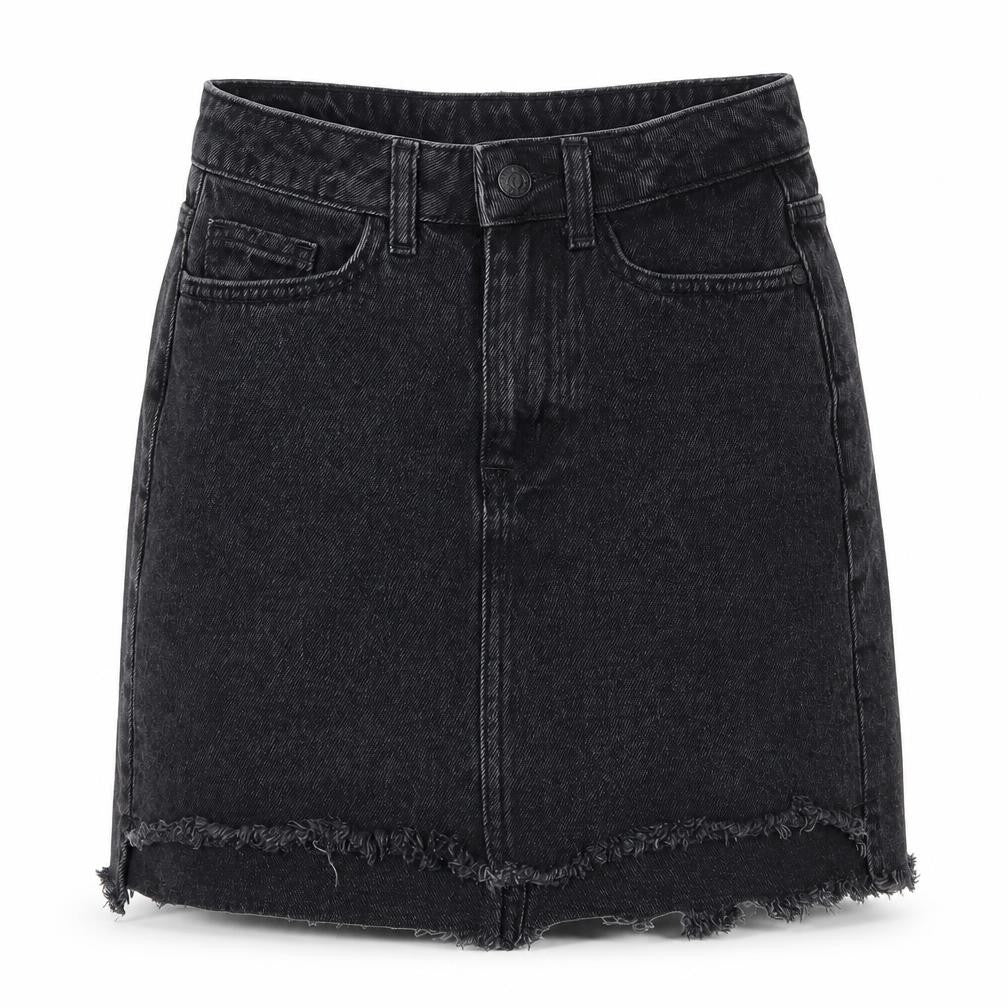 Front view of New Look women’s grey denim a-line skirt, size UK 6