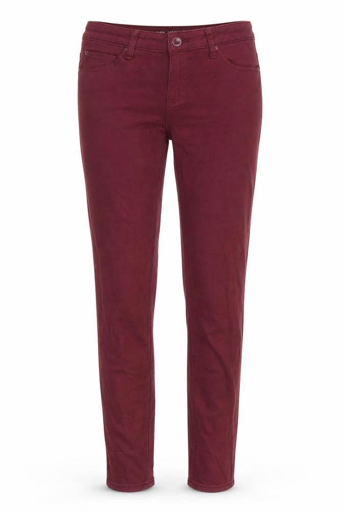 Front view of Denim Co women’s red denim skinny jeans, size UK 10, 30-inch leg