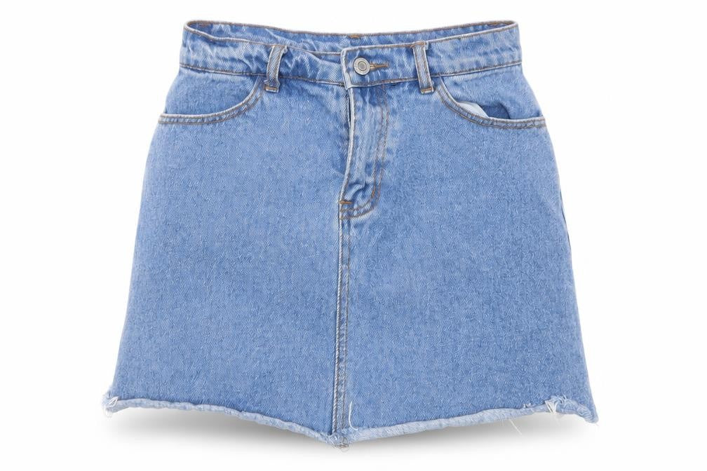 Front view of Preworn women’s blue denim mini skirt, size UK 26, in