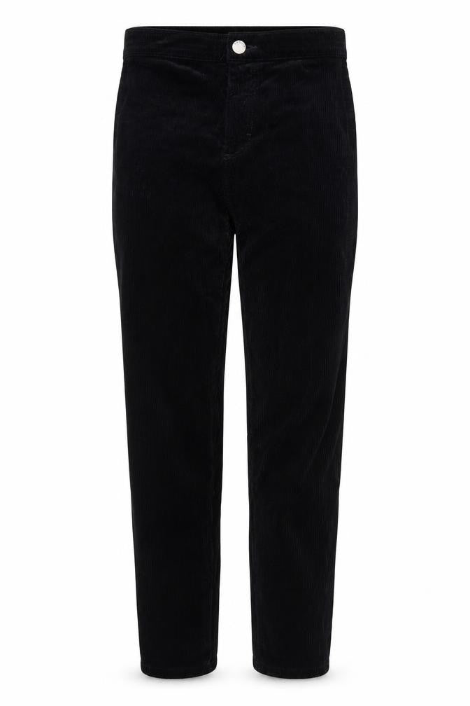 Front view of Topshop women’s black corduroy trousers, size UK 25, in, 25-inch leg