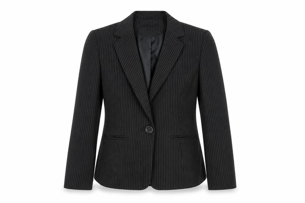 Front view of Papaya women’s black striped jacket suit jacket, size UK 12