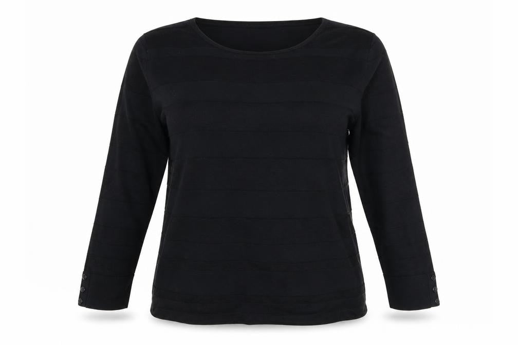 Front view of BHS women’s black striped knit jumper, size UK 14