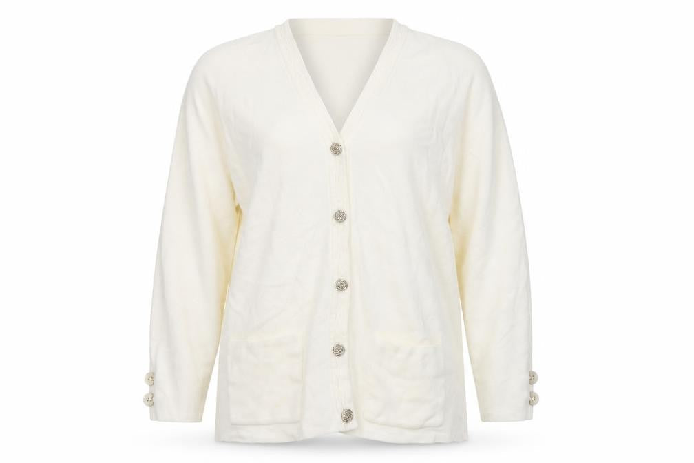 Front view of Classics women’s ivory cardigan jumper, size UK 14