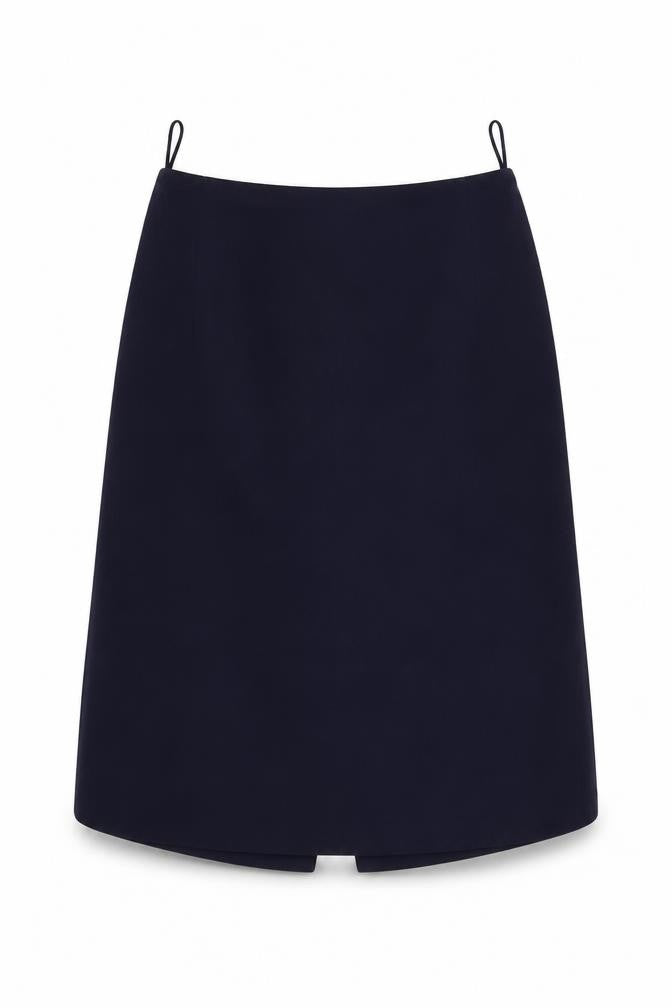 Front view of Preworn women’s blue a-line skirt, size UK 28, in