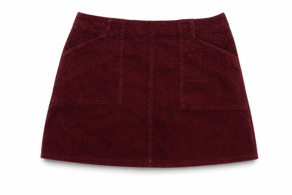 Front view of BDG women’s red corduroy mini skirt, size M