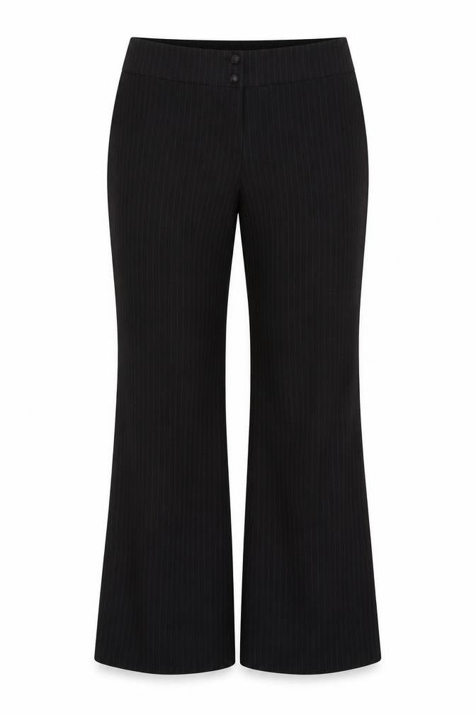 Front view of Marks & Spencer women’s black striped trousers, size UK 16, 30-inch leg