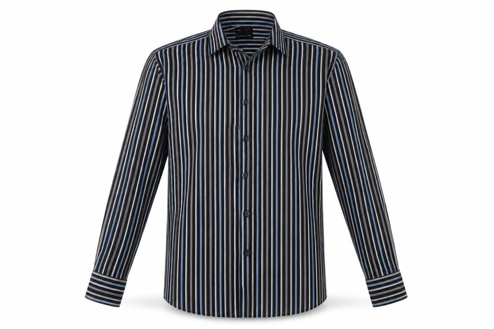 Front view of Red Herring men’s black striped button-up, size 15.5