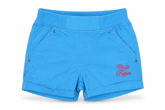 Front view of Chilli Pepper girls’ blue cut-off shorts, size 4-5, years