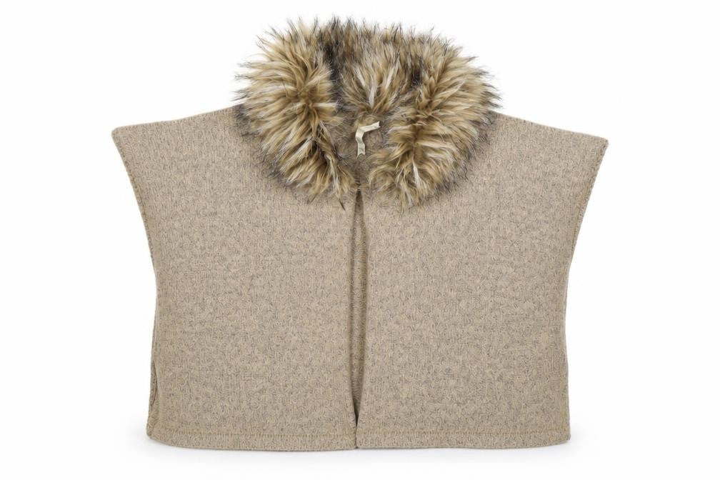 Front view of Young Dimension girls’ beige knit henley jumper, size 6-7, years - fur trim