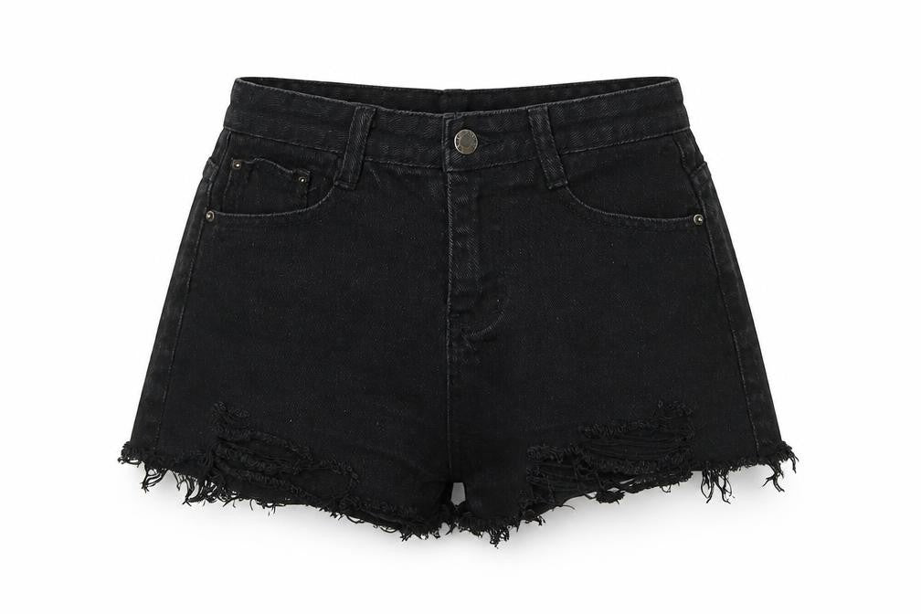 Front view of Falmer Heritage women’s black denim hot pants shorts, size S